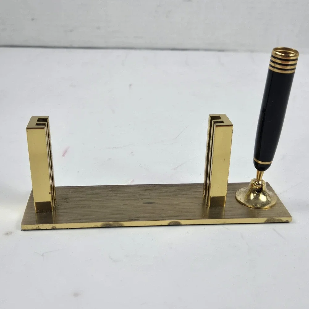 Vintage Office Desk Polished Solid Brass Mounted Pen and Business Card Holder